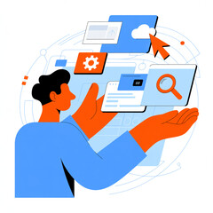 Digital Services Presentation by Stylized Man with Web Development Elements, Modern Flat Illustration Isolated on White