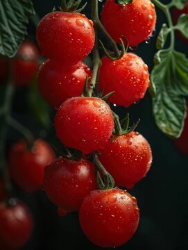 Fresh tomatoes hang on the vine in a garden with water droplets visible on their surface during the afternoon light