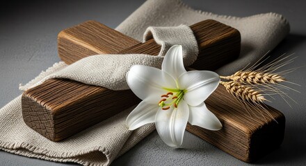 Easter lily and wheat adorn wooden cross on linen cloth