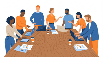 Group of office employees brainstorming and discussing strategy at a meeting