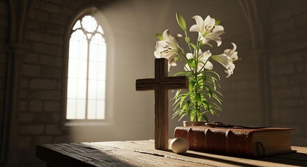 Easter lilies, a cross, and a bible on a table in a church setting