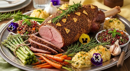 Roasted lamb leg with herbs and vegetables served on a platter