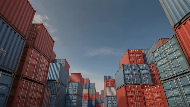 Shipping container yard perspective, blue sky and stacked cargo boxes background