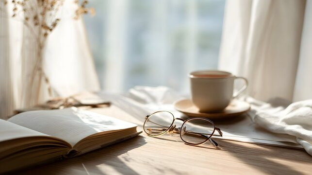 Open Book with Golden Glasses and Tea on Sunny Desk
