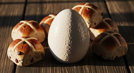 Hot cross buns and a large egg on a wooden table