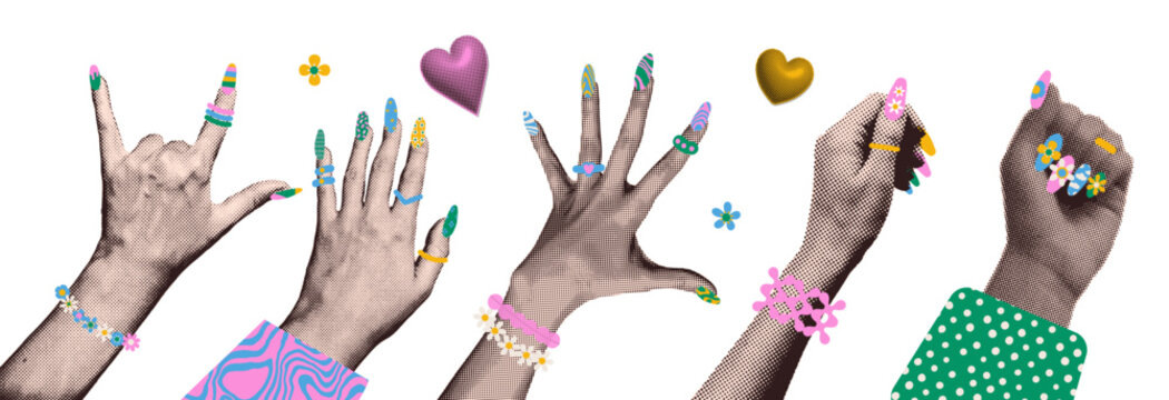 Halftone paper stickers of hands with chunky plastic jewelry and bright nails. Vivid maximalism collage element with colorful acrylic rings, bracelets. Set of y2k trendy female manicured palms. Vector