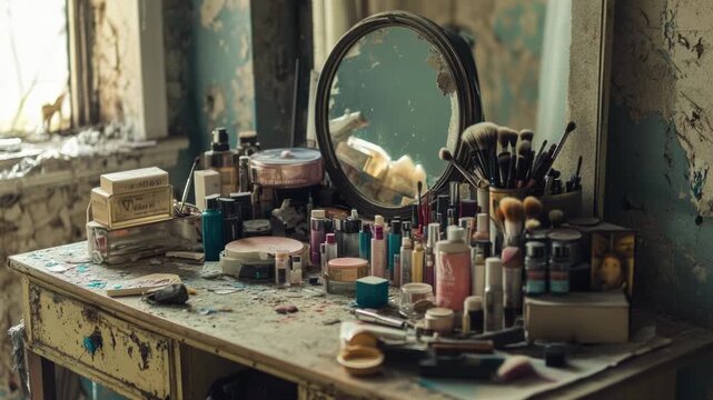 Video A table with multiple mirrors and various makeup products, ideal for beauty tutorials or product demonstrations