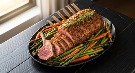 Delicious rack of lamb served with roasted asparagus and carrots