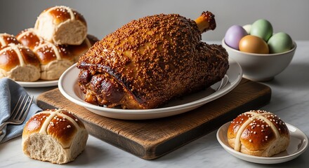 Delicious honey-glazed ham with hot cross buns and easter eggs