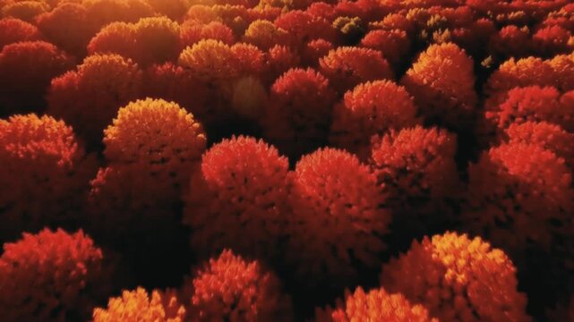 Aerial view flying smoothly over a dense autumn forest with vibrant red, orange, and yellow leaves, gentle wind rustling canopy, warm golden hour light. video