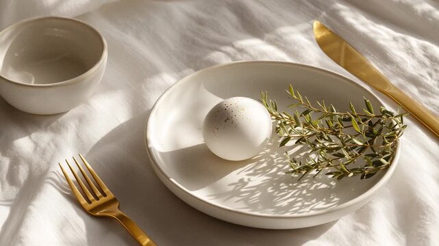 Elegant Easter table setting in warm natural daylight with white linen, ceramic plate, minimal gold cutlery, and a single decorated egg. 