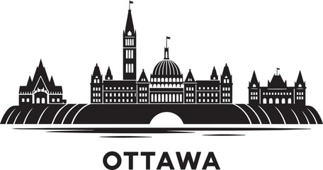 Fototapeta premium Ottawa skyline silhouette with Parliament Hill and national landmarks on transparent background