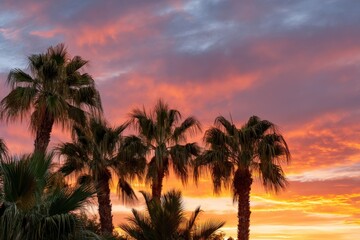 Vibrant palm trees silhouetted against sunset sky with colorful clouds