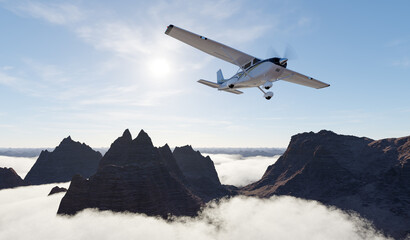 Small Plane Flies Over Jagged Mountain Range Above Clouds At Sunrise © edb3_16