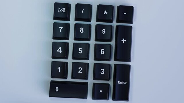 4K 3D Video Animation Numeric Keypad with Num Lock, Numbers and Enter Key, Computer Input and Calculator Concept on Light Gray Background