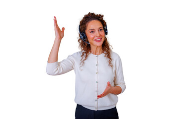 Customer service operator in headset answering call and giving instructions, gesturing, with...