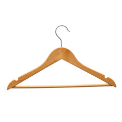 A wooden clothes hanger is isolated on a simple background viewed from directly in front.