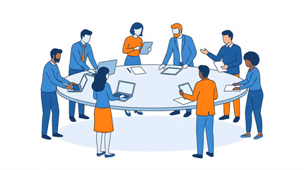 Diverse business team meeting around a round conference table