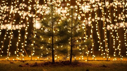 A serene winter wonderland scene with a tree adorned by numerous twinkling string lights at night