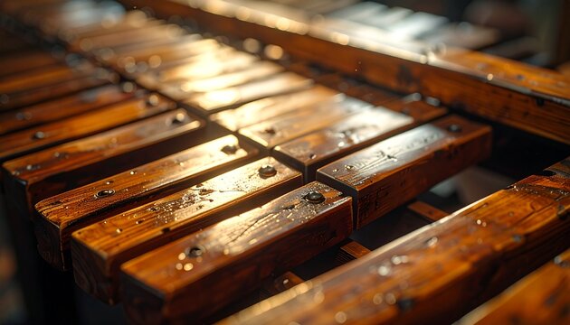 Close-up of a vintage wooden xylophone or marimba with rich, warm tones. The polished wood bars reflect a soft, golden light, highlighting the texture and creating a beautiful bokeh effect.