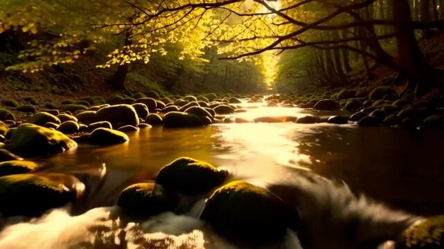 Serene forest stream flowing gently over moss-covered rocks, sunlight filtering through tree canopy creating dappled light patterns on water. video