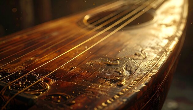 Extreme close-up of an ancient wooden stringed musical instrument, like a lute or kithara, with intricate carvings. Golden light reflects on the polished surface and strings in a dark, atmospheric set