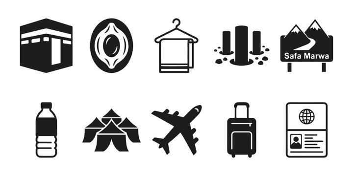 Islamic Pilgrimage and Travel Icons Set for Hajj and Umrah Journey