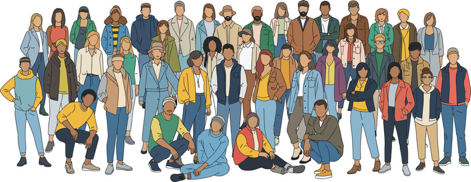 Large diverse group of people illustration showing multicultural community, inclusion, teamwork, and social diversity in modern flat vector style