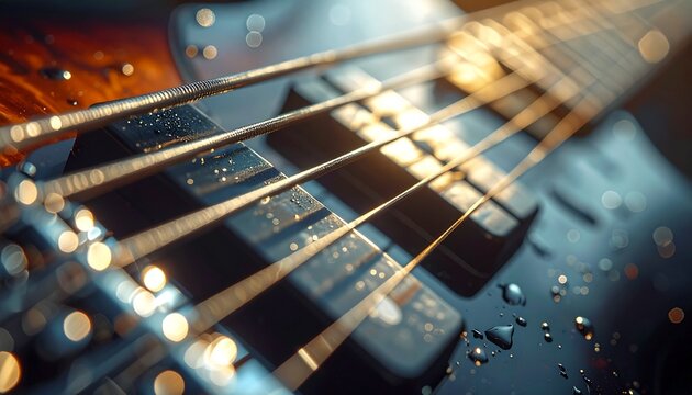 Extreme close-up of a wet electric bass guitar with focus on strings and pickups. Dramatic lighting with warm bokeh highlights on a dark, moody background, concept of music and performance.