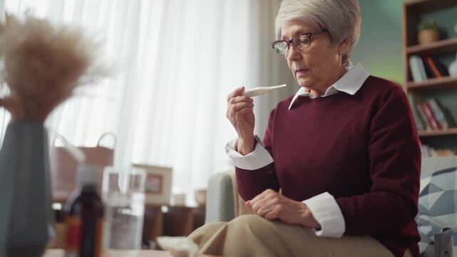 A woman with a cold. Sick person sitting on sofa
