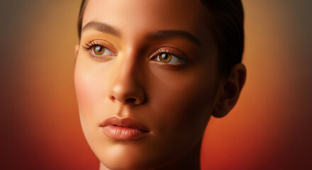 Fototapeta premium Serene Portrait of Young Woman with Glowing Skin and Warm Tones