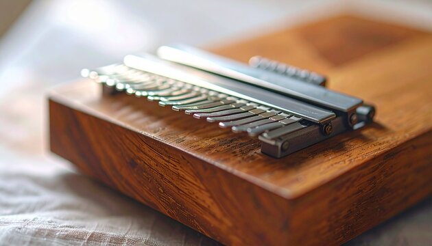 Close-up of a beautiful wooden Kalimba, an African thumb piano, with shiny metal tines resting on a soft surface. Concept of traditional music, relaxation, harmony, and creative hobbies.