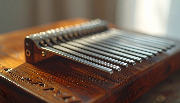 Detailed close-up of a traditional African kalimba or thumb piano. The musical instrument features a rich, dark wood body and shiny metal tines, bathed in soft, warm natural light.