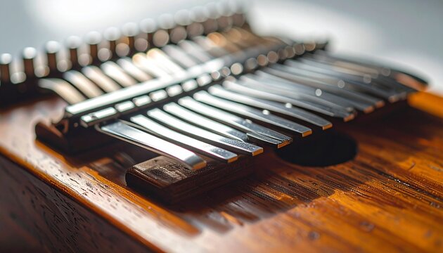 Close-up of a wooden kalimba, an African thumb piano, with its shiny metal tines in sharp focus. The shallow depth of field creates a beautiful bokeh effect, highlighting the instrument's texture.