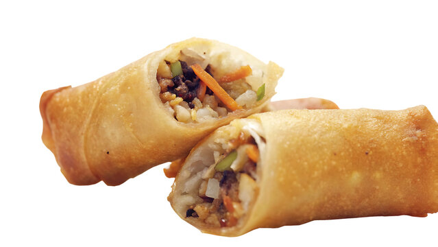 Crispy golden brown egg rolls, one sliced in half to reveal a flavorful filling of vegetables and meat.