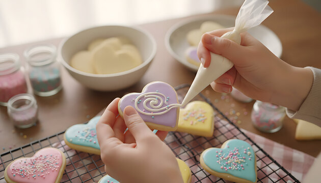  Top-down view of hands decorating heart-shaped Cookies with pastel icing and colorful sprinkles. Homemade baking process symbolizing love, care, creativity for Valentine's Day