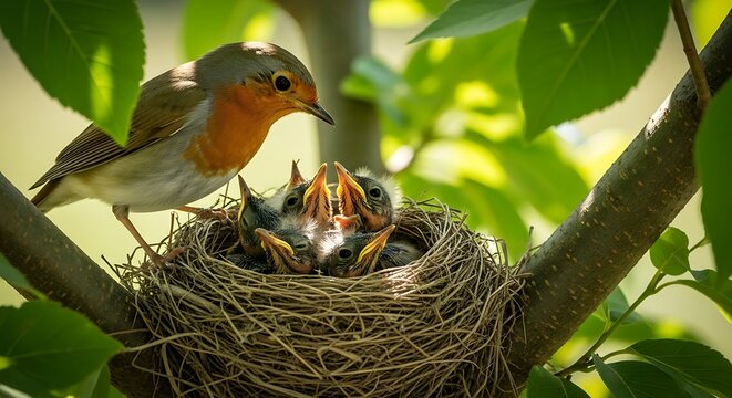 Parent bird approaches nest filled with hungry hatchlings nestled among green foliage