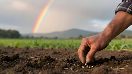 Obraz premium Farmer hand planting seed in soil shows starting fresh with determination plus effort for future success. Hopeful emotion fills morning farm scene under bright rainbow sky