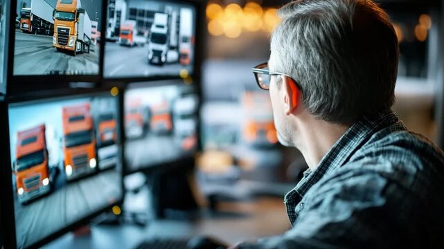 Man monitors truck fleet from control center at night with multiple screens around him