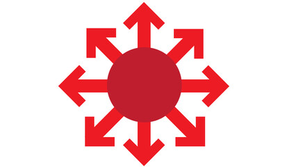 Red circular symbol with eight red arrows radiating outwards, symbolizing expansion, distribution, and outward focus