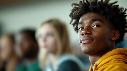 Fototapeta premium Young student engages with teacher in vibrant high school classroom