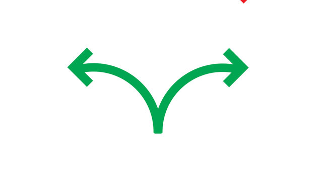 Green arrow splitting into two diverging paths, left and right, representing options, decisions, or future paths