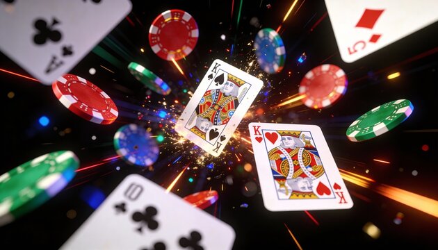 A dynamic image of playing cards and casino chips exploding with vibrant colors, suggesting excitement and action in a gambling setting.