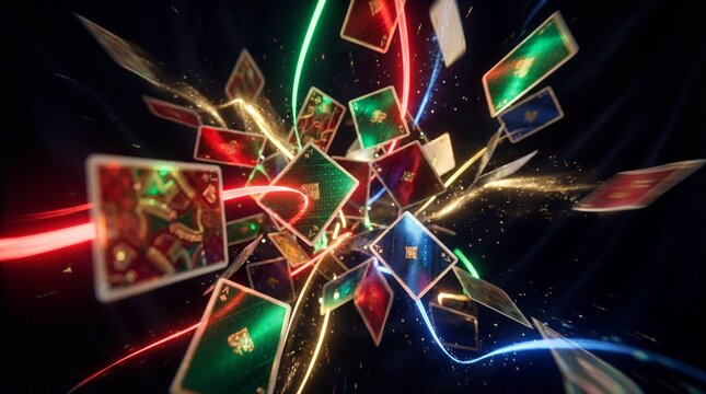 A vibrant image of playing cards exploding into the air with colorful trails and a dark background, creating a dynamic and energetic visual effect.