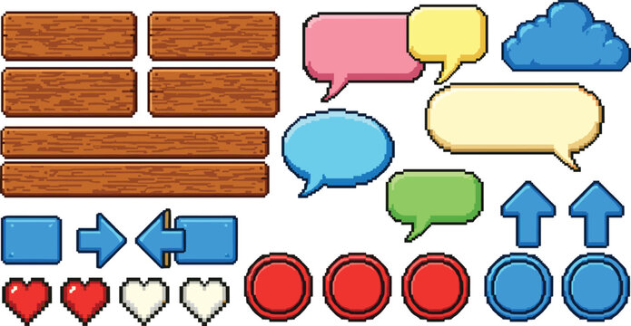 Pixel game UI elements set. Buttons, hearts, arrows, speech bubbles, and platforms. Editable vector assets for 2D games, arcade UI, and retro game design.