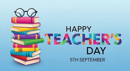 Happy Teacher's Day greeting with colorful books and glasses on blue background