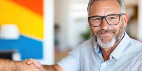 Obraz premium Mature businessman greets businesswoman with a warm handshake in office