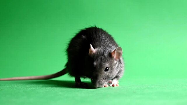 Three black rats on green background standing and sniffing around cautiously wet fur texture