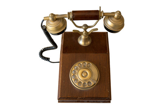 Old fashioned wooden telephone isolated on transparent background.