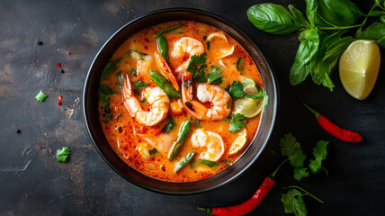 Creamy tom yum goong spicy shrimp Thai soup